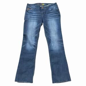 VINTAGE Y2K BOHO WESTERN MUDD JEANS FAUX LEATHER ACCENTS SKINNY BOOT CUT SIZE 13